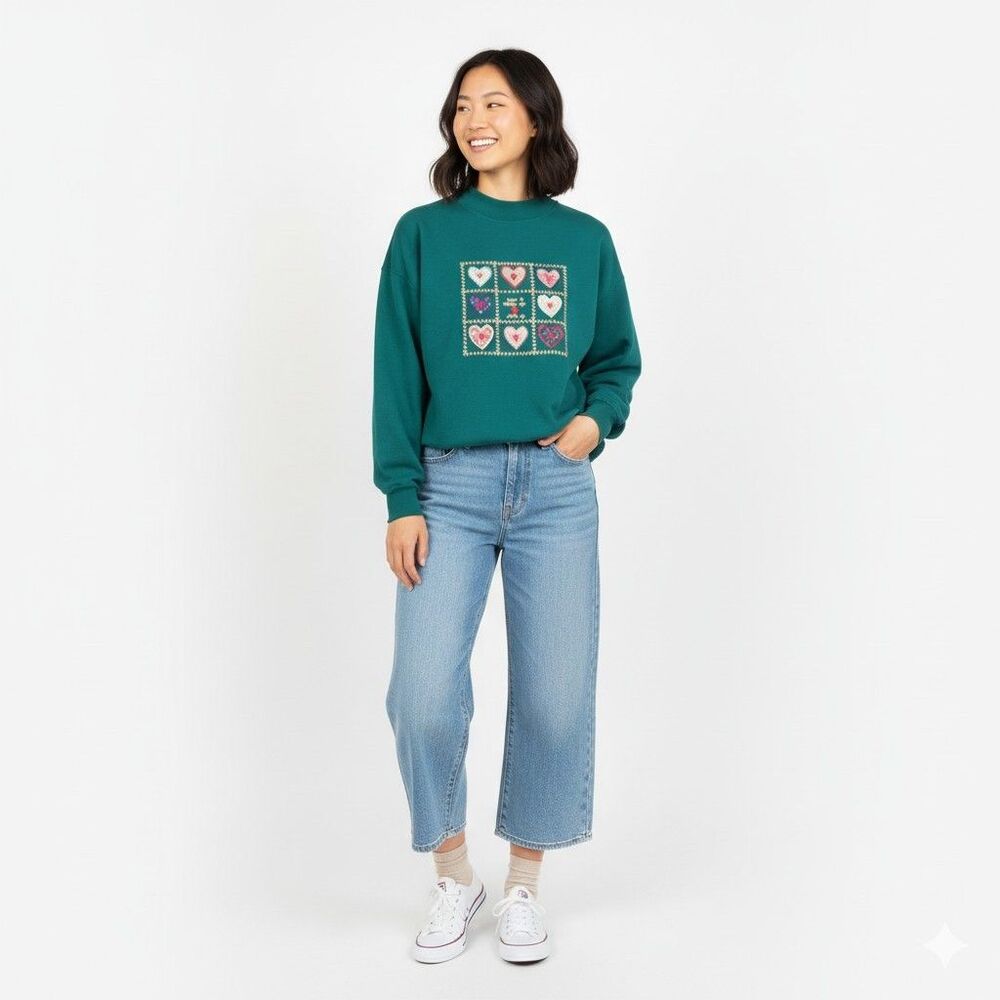 Sweatshirt 90s Y2K Size 18W Embroidered Oversized Cottagecore Hearts Dark Green